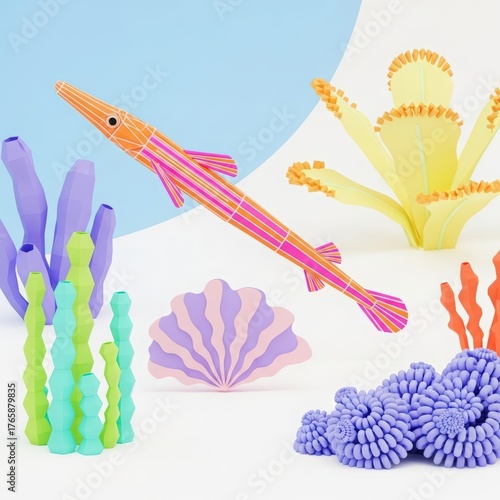 Whimsical underwater scene with a pink pipefish toy surrounded by colorful coral and sea anemone decorations
