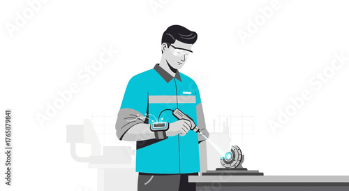 Illustrative worker utilizing advanced technology for precision industrial manufacturing task