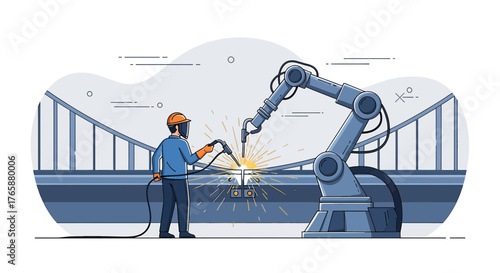 Industrial cooperation welding process with robotics and skilled worker illustration portraying