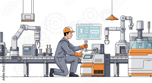 Industrial worker repairing machinery on an automated production line with advanced robotic arms