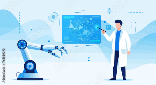 Innovation convergence: A robotic arm and a scientist interact with digital interfaces in future