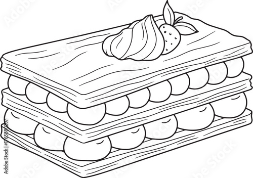Elegant monochrome mille-feuille pastry illustration with delica