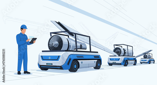 Innovative aircraft component transport with autonomous vehicles in futuristic aviation facility