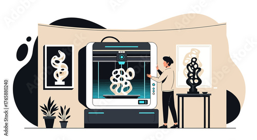 Innovative art creation using 3D printing technology in a modern gallery setting showcase