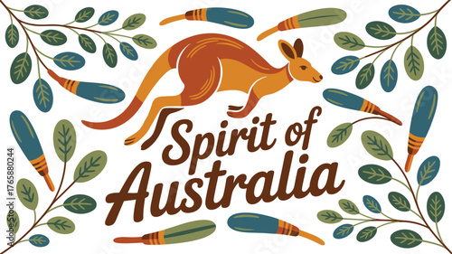 Illustration of Kangaroo with Boomerang and Leaves, Spirit of Australia Text Overlayed, Modern