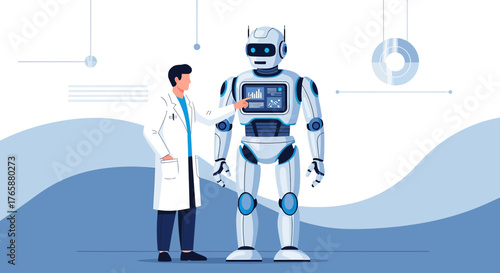 Innovative collaboration: A scientist interacting with an advanced humanoid robot prototype