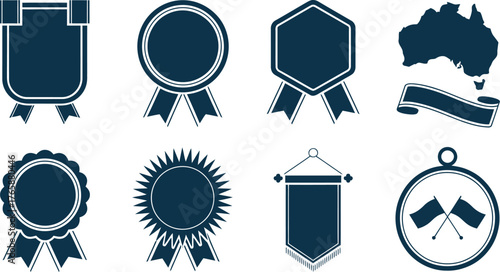 Navy Blue Emblems Awards, Ribbons, Continent Map, and Flags Icons Compilation