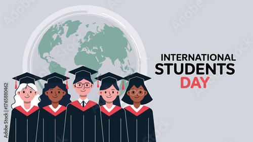 Vector art of diverse group of students in graduation gowns and caps celebrating international students day with a globe in the background