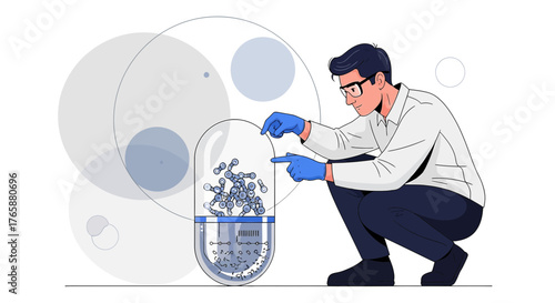 Innovative pharmaceutical research scientist examining drug compound encapsulated in pill form