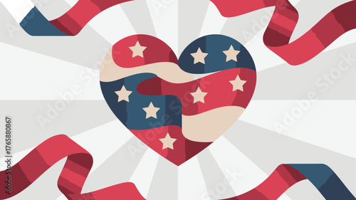 Patriotic Heart with Stars and Stripes on a Radial Burst Background with Ribbons
