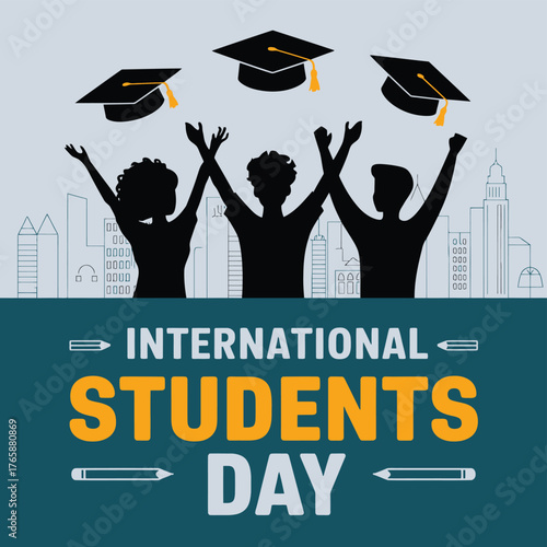 Vector art of international students day celebration with silhouetted graduates tossing caps in the air against a city skyline, symbolizing global education and achievement