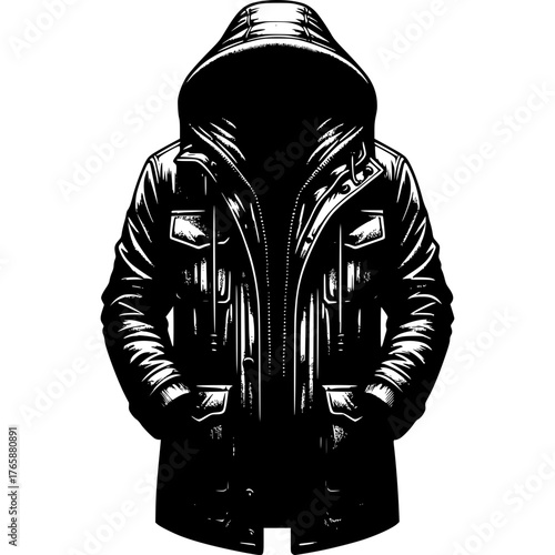Mystery in Silhouette: The silhouette of a person, encased within a rugged jacket with a hood, evokes a sense of enigmatic intrigue and anonymity.