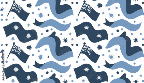 Seamless Pattern of Blue Australian Flags, Waves, Stars, and Dots on White Background