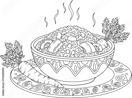 Tunisian Couscous Illustration with Vegetables, Ready for Colori