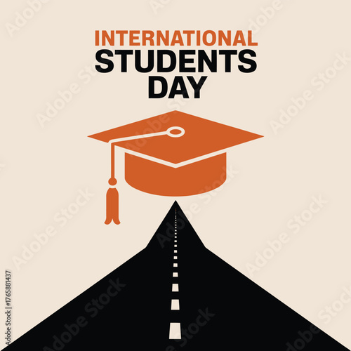 Vector art of international students day concept with a graduation cap on a road leading to the horizon, representing the educational journey and future prospects
