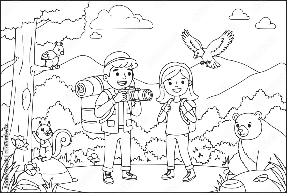 Fototapeta premium Cartoon Couple on Hiking Adventure with Wildlife, a Detailed Col