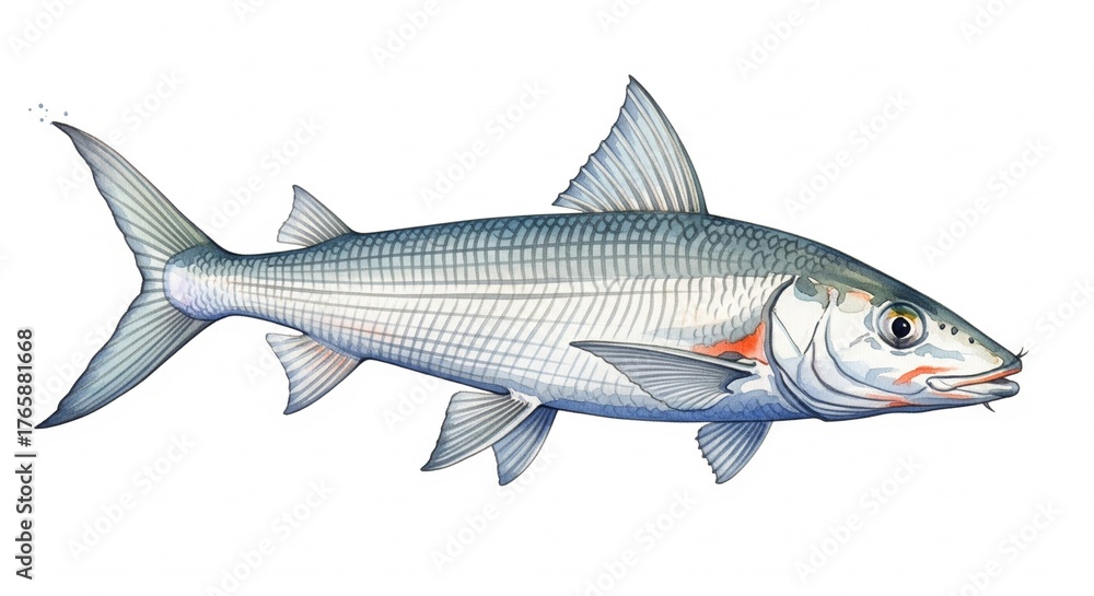 Fototapeta premium Bonefish watercolor, animal fish underwater life, white background