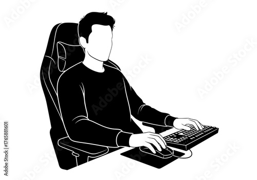 Vector silhouette of a focused man sitting in an ergonomic gaming chair using a computer keyboard and mouse
