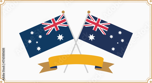 Two Crossed Australian Flags with a Blank Gold Ribbon, Featuring Union Jack and Southern Cross Stars