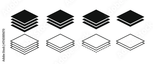 Layer Stack Icons Set – 3D Overlapping Square Vector Symbols for UI, App Design, and Graphic Interfaces