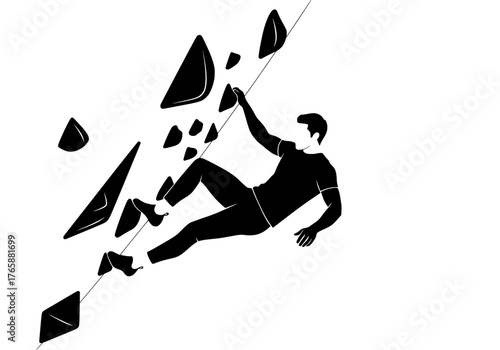 Vector silhouette of a male rock climber ascending a steep wall with abstract holds for extreme sport activity