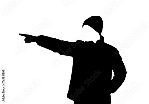 Vector silhouette of a person pointing left wearing a beanie and a winter jacket isolated on white background