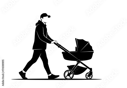 Vector silhouette of a person pushing a baby stroller during a leisurely walk representing parental care and family life