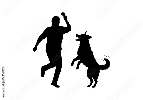 Vector silhouette of a person playing fetch with their dog depicting active joyful outdoor pet activity