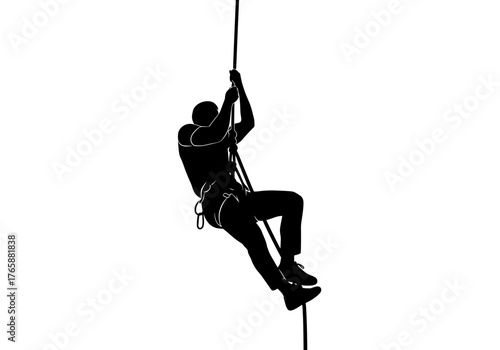 Vector silhouette of a person rappelling down a rope with climbing gear an illustration for outdoor adventure sports