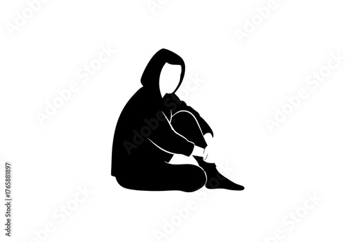 Vector silhouette of a person sitting alone with a hood up depicting sadness contemplation and quiet introspection on white