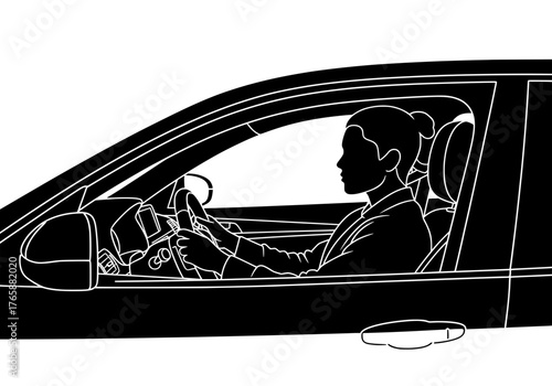 Vector silhouette of a woman driving an automobile side view graphic for transportation and travel concepts
