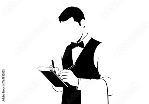 Vector silhouette of a waiter in uniform taking an order with a notepad and pen, symbolizing professional hospitality service.