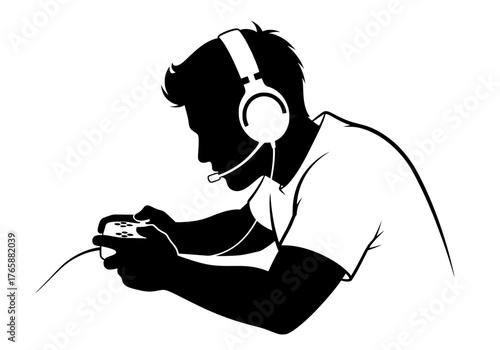 Vector silhouette of a young man wearing headphones with a microphone playing a video game using a controller