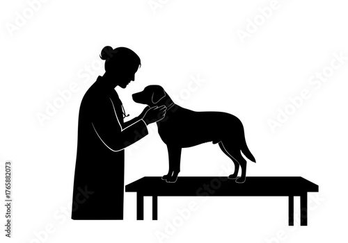 Veterinarian examining dog vector silhouette on an examination table professional animal care illustration