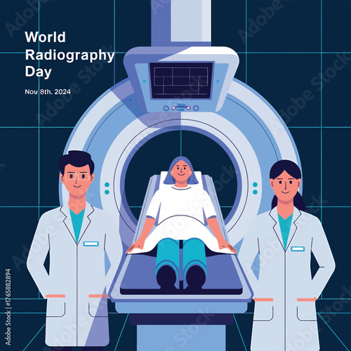 Vector art of radiologists with patient undergoing ct scan, marking world radiography day with advanced medical imaging technology and expert care