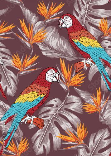 Seamless pattern with ara parrot, palm leaves and hibiscus embroidery. Tropical texture for print