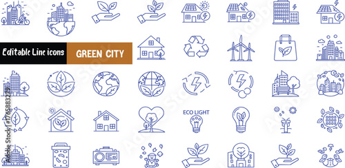 A collection of thin line icons representing green city concepts, including renewable energy, sustainable living, ecology, and eco-friendly technology