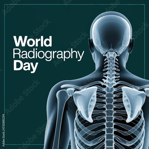 Vector art of world radiography day celebrated with a graphic illustration of a human skeleton and the text world radiography day on a dark teal background