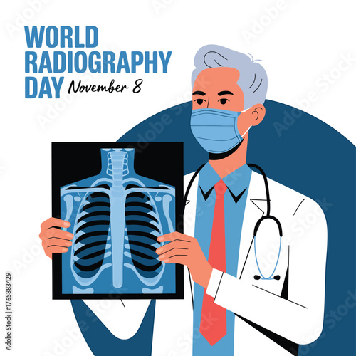 Vector art of world radiography day on november 8th, depicted by a doctor wearing a mask and holding a chest xray image, emphasizing medical expertise