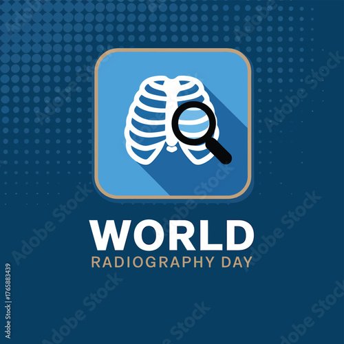 Vector art of world radiography day celebration with a stylized rib cage and magnifying glass icon, symbolizing medical imaging and discovery