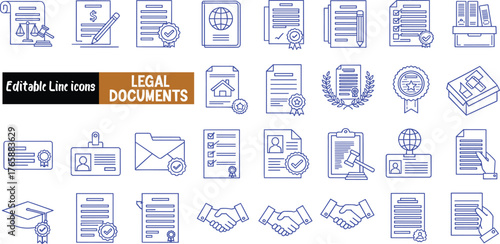 Legal Documents and Forms A Collection of Blue Line Icons for Business and Law