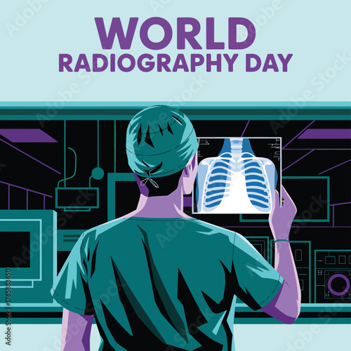 Vector art of radiologist examining an xray of a human chest, celebrating world radiography day with a modern illustration style and vibrant colors