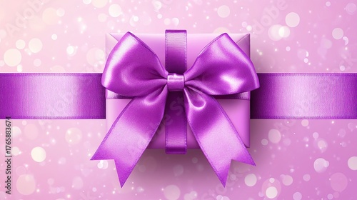 Purple ribbon bow on pink background with bokeh, gift decoration
