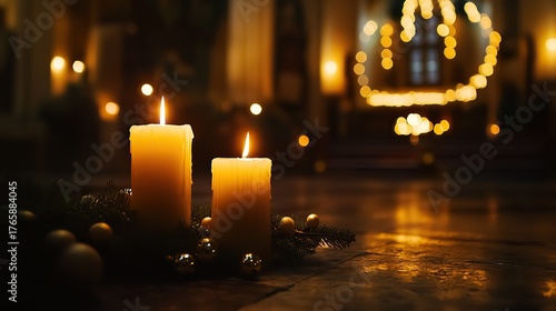 Warm Christmas ambiance with lit candles and ornaments indoors