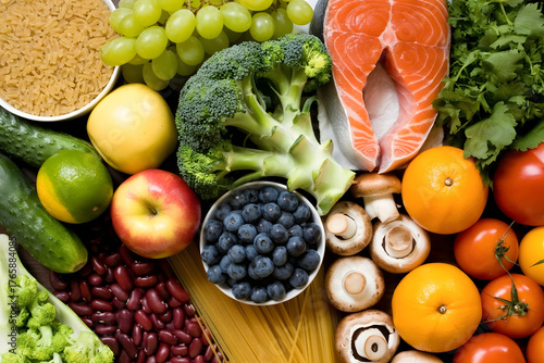 Different products as background, top view. Healthy food and balanced diet