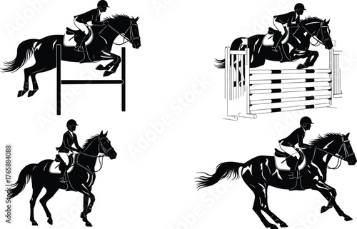 Equestrian show jumping silhouettes, flat vector illustration with multiple dynamic poses, ideal for horse riding, sports, and competition design projects.