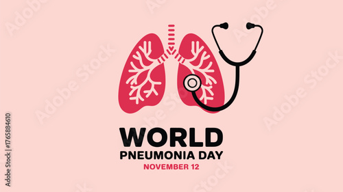 Vector art of world pneumonia day poster with red lungs and a stethoscope, emphasizing the importance of respiratory health and awareness on november 12