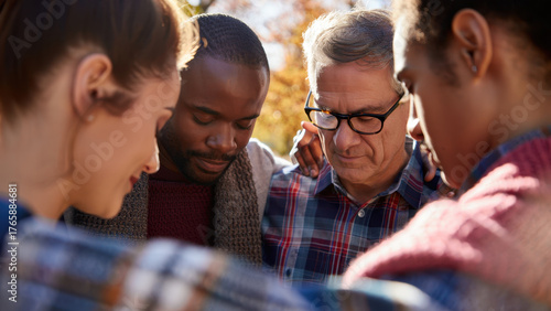 Diverse group of people standing in a circle and praying outdoors during a sunny autumn day, heads bowed, eyes closed, expressing unity, spirituality, and support through a moment of faith