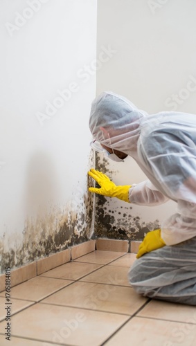 Person inspecting mold growth on wall, protective suit, yellow gloves, home maintenance, mold remediation, indoor air quality, health hazards, moisture damage, cleaning, safety precautions