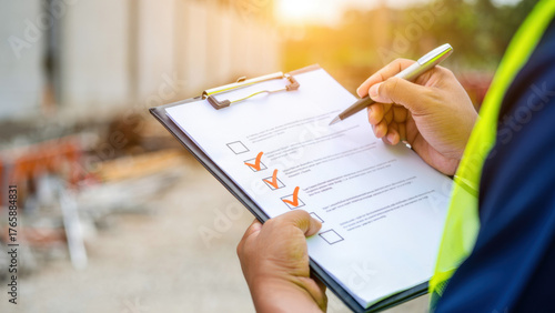 Construction checklist on a clipboard, safety inspection on site, worker in high visibility vest, quality control, compliance review, project management, task verification, pen writing, file